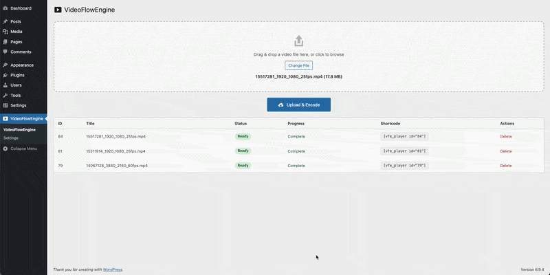 VideoFlowEngine demo — upload, encode, stream